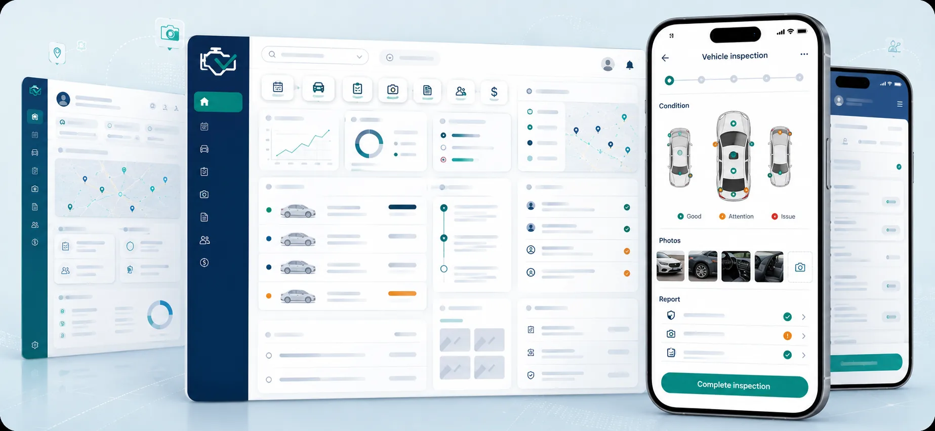 Overview of the Clunker Busters platform: operations dashboards with a coverage map, booking metrics, inspection checklists and a vehicle inspection timeline, alongside two mobile app screens.