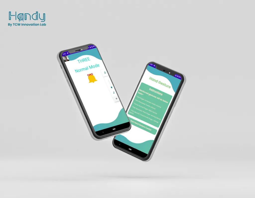 The Handy app: a hand held in front of the phone with detection landmarks plotted across the fingers, the recognised gesture labelled, and the volume changing in response.