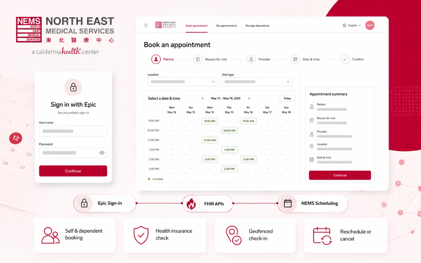 The NEMS patient scheduling experience: appointment booking for a patient and their dependents, the geo-fenced check-in screen, and the insurance verification step.
