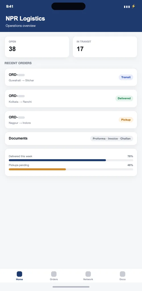 Compact order overview: counts by state, the recent order list and quick access to each order’s documents.