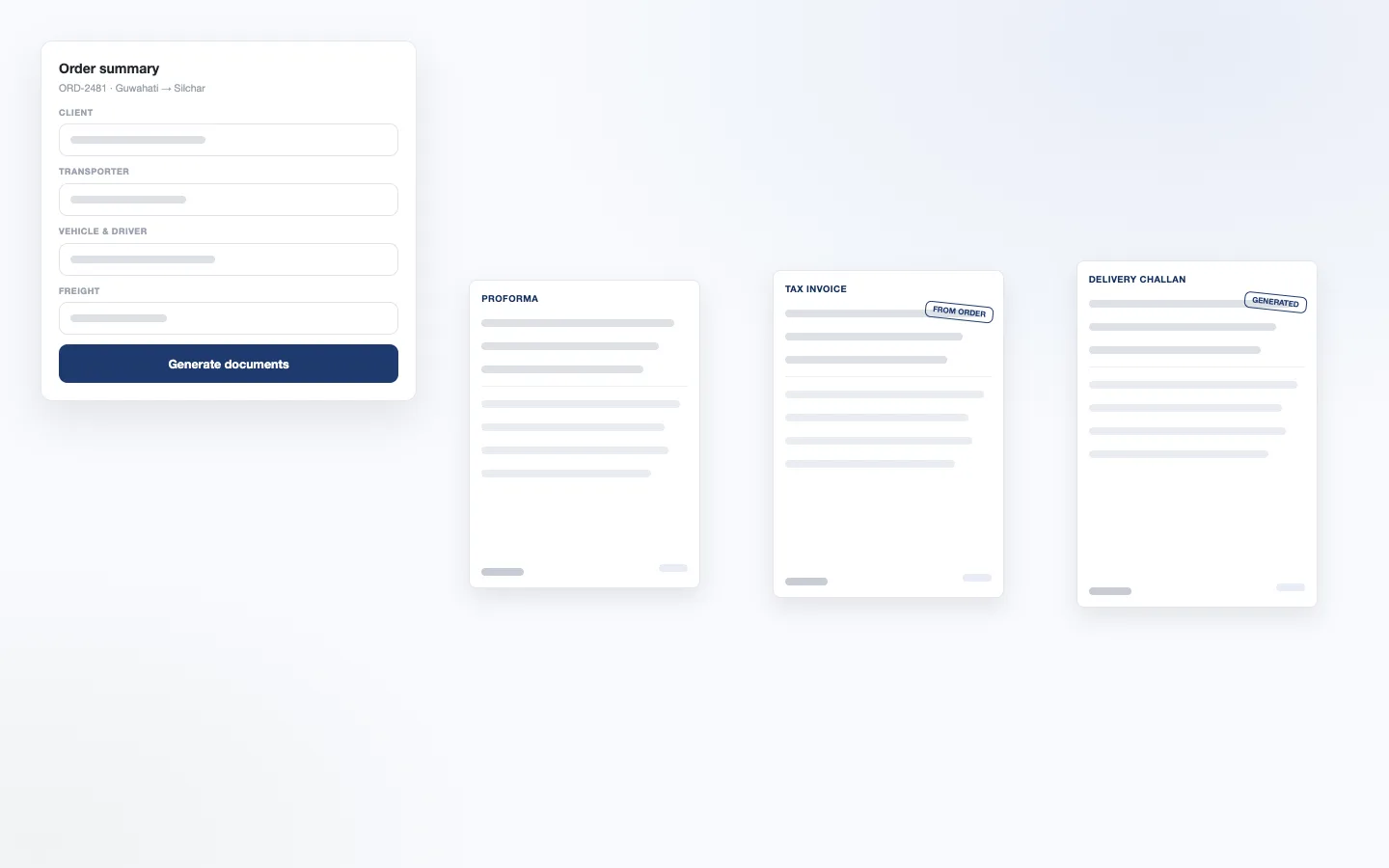 Document generation view: a proforma, tax invoice and delivery challan produced from one order, with the order summary and party details alongside.