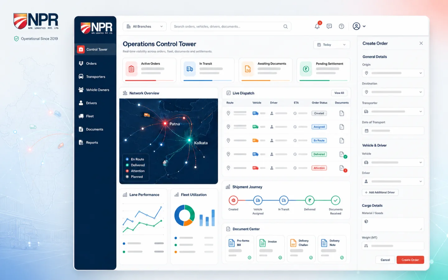 NPR Logistics operations console: the order list with pickup and drop legs, the transporter, vehicle-owner and driver network, and a generated delivery challan.