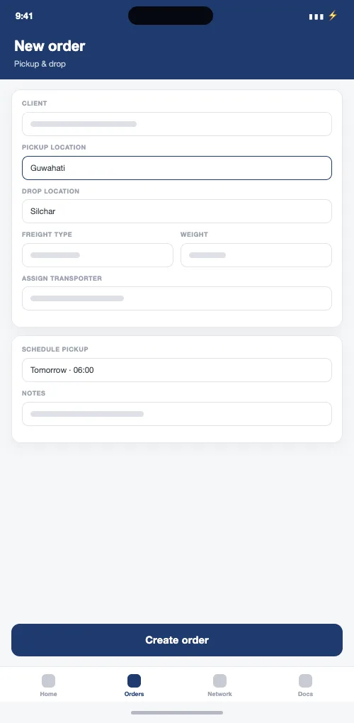 Order creation form: client, pickup and drop locations, freight details and the assigned transporter.