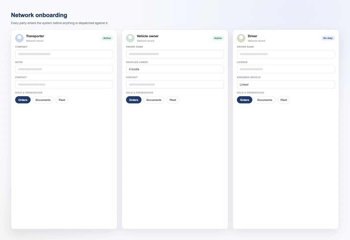 The network onboarding screens: transporter, vehicle-owner and driver records side by side, each with its assigned role, permissions and linked vehicles.