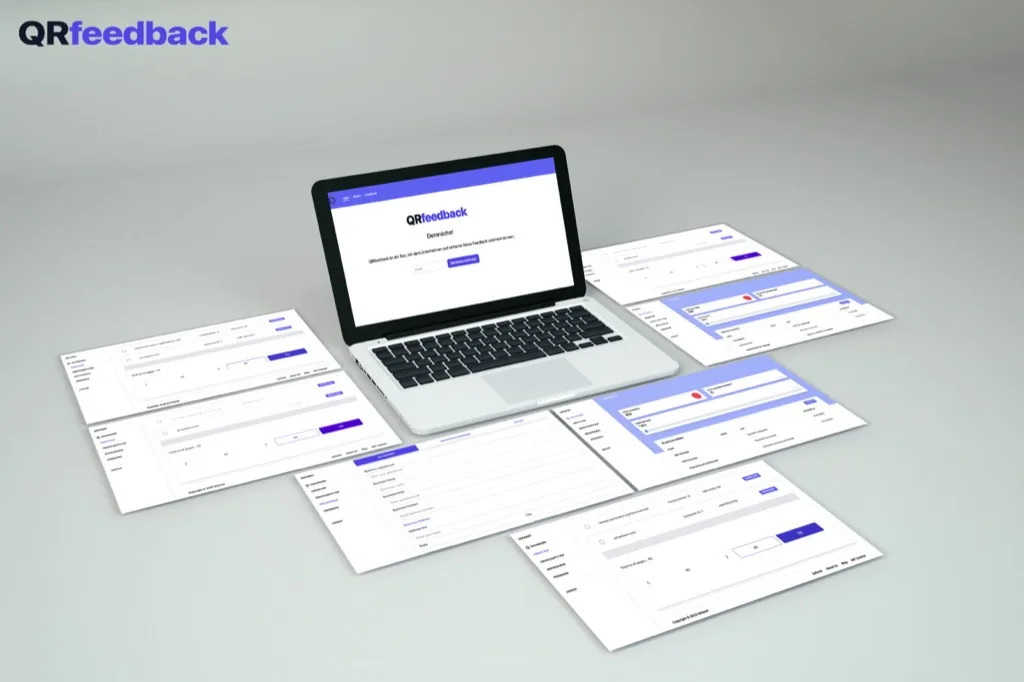 The QR Feedback system: the admin dashboard generating a batch of QR stickers as a printable PDF, and the German-language feedback form a customer sees after scanning.