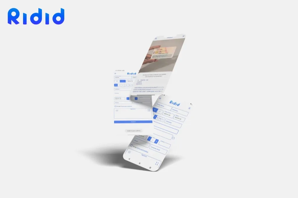 The Ridid system: an ID card being scanned at hotel reception with the MRZ highlighted, the auto-filled guest form with the signature pad, and the same flow mirrored on the web application.
