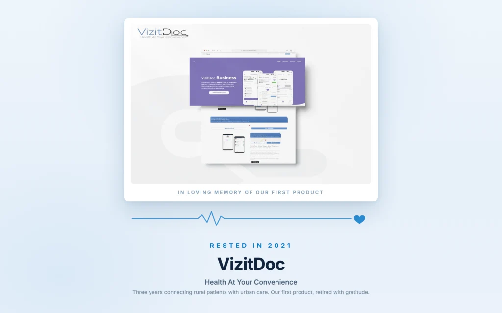 A keepsake of VizitDoc, our first product: the platform framed like an album photograph over a heartbeat line at rest, with its tagline, Health At Your Convenience, and the years it served before retiring in 2021.