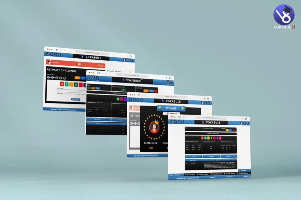 The Vokabul8 platform: the live "What’s the word?" round with its countdown and letter entry, the four game formats with their odds, and the social feed running alongside.