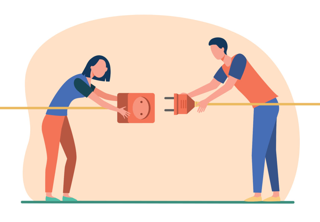 Two people connecting plug and socket. Man and woman pulling cords with outlet and plug flat vector illustration. Wire connection, electricity concept for banner, website design or landing web page